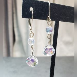 Crystal Prisum Silver Tone Stacked Drop Leverback Earrings